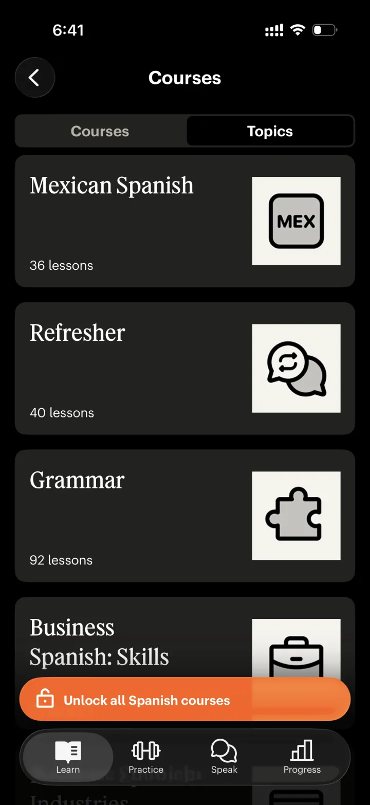 Babbel app Courses screen listing structured Spanish courses — Mexican Spanish, Refresher, Grammar (92 lessons) and Business Spanish — with Learn, Practice, Speak and Progress tabs