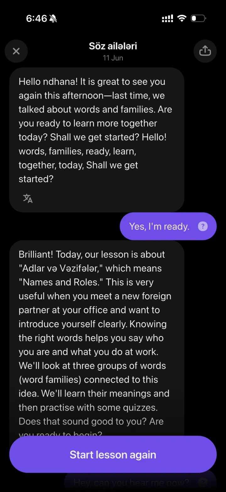 Praktika AI app showing a chat-based AI conversation lesson, with the AI tutor introducing a 'Names and Roles' word-families lesson and the learner replying in the chat