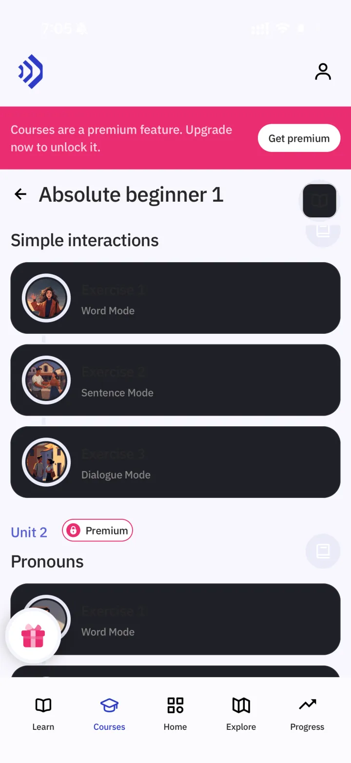 TalkPal app Courses screen showing an Absolute Beginner unit with Word Mode, Sentence Mode and Dialogue Mode exercises, plus a banner prompting an upgrade to premium